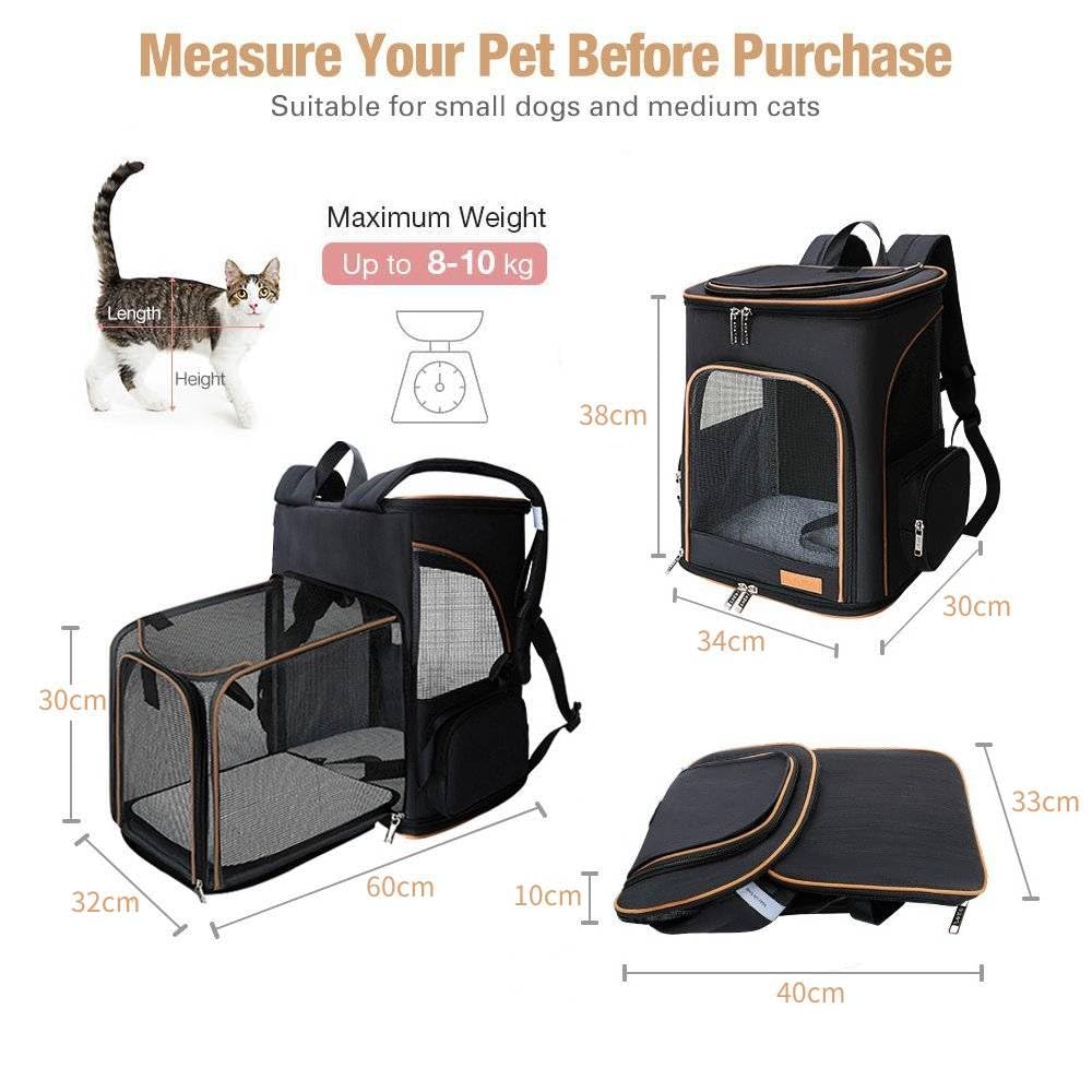 Lekesky Mochila grande para gatos, mochila expandible para mascotas para gatos medianos y perros pequeños, mochila plegable para mascotas con correa interior a prueba de fugas y 2 alfombrillas para