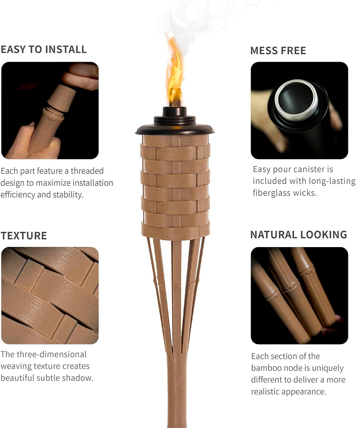 ONETHATCH Citronella Torches (Brown Color, 4pack); Bamboo Torch, Perfect for Outdoor Lighting, Luau, Summer Parties, and Garden Decor; Wide-Mouth Metal Canister, Stands 60" Tall.