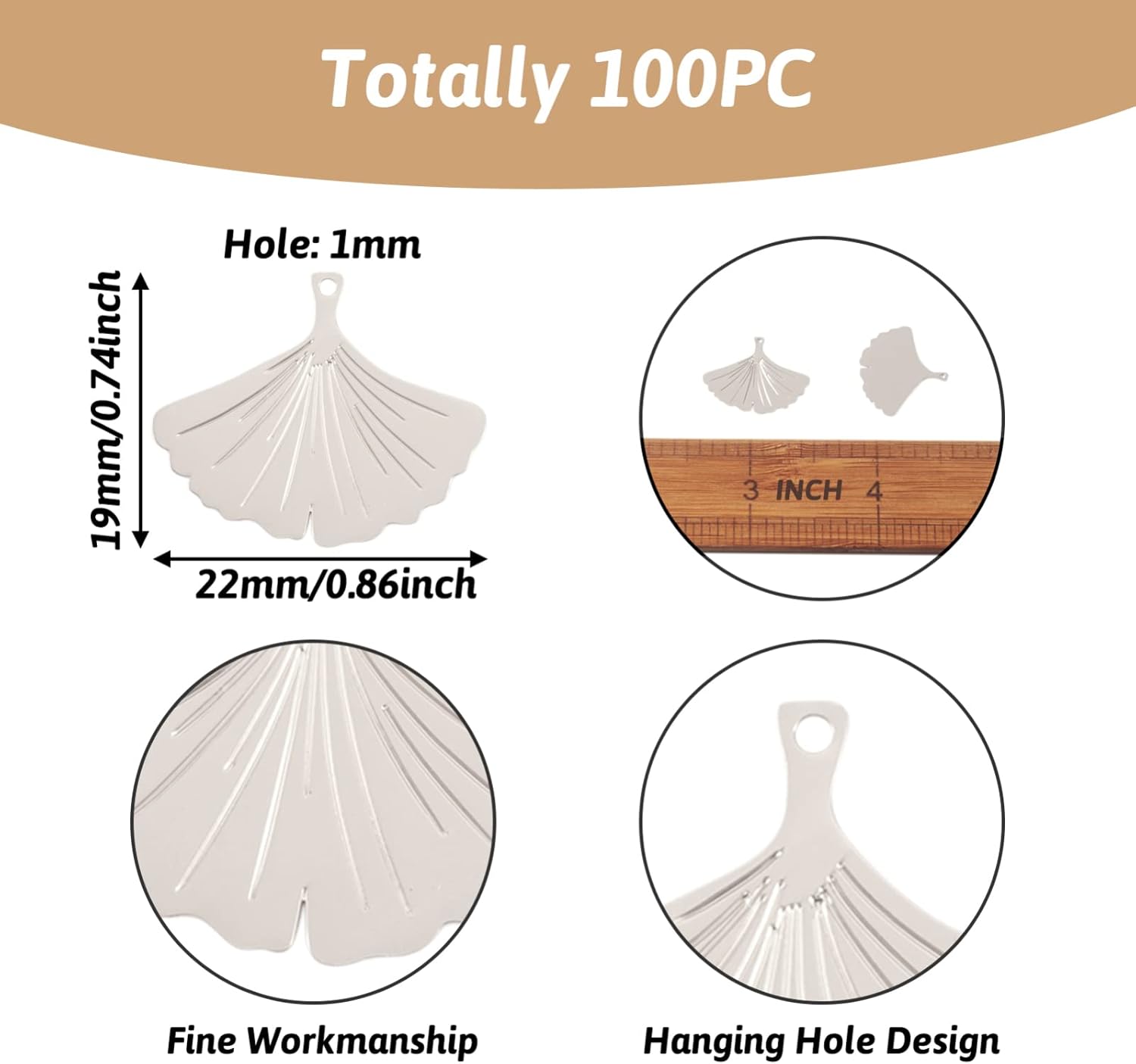 100pcs Ginkgo Leaf Charms Platinum Brass Leaves Pendents Vintage Plant Ornament Autumn Theme Jewelry Findings for Keychain Necklace Bracelet Hanging Making DIY Crafts - Image 6