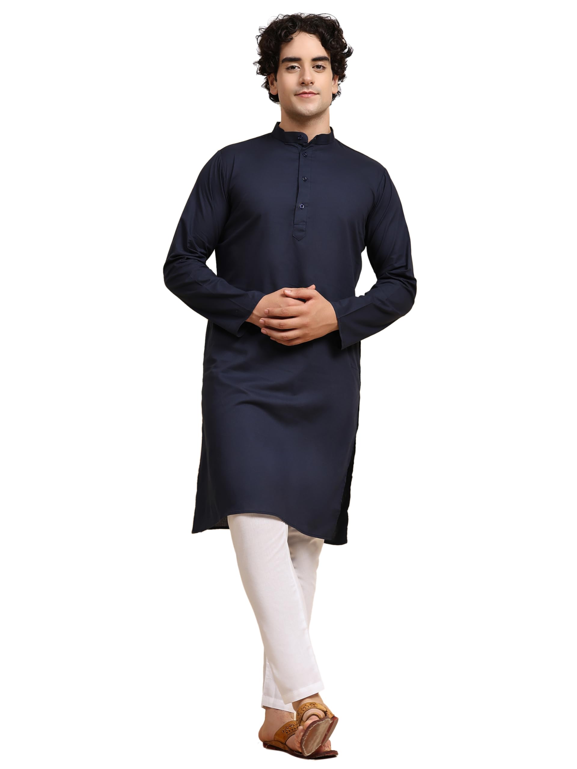 SKAVIJMen's Pure Cotton Solid Kurta Pajama Set Mandarin Collar Daily Wear Casual Yoga Dress