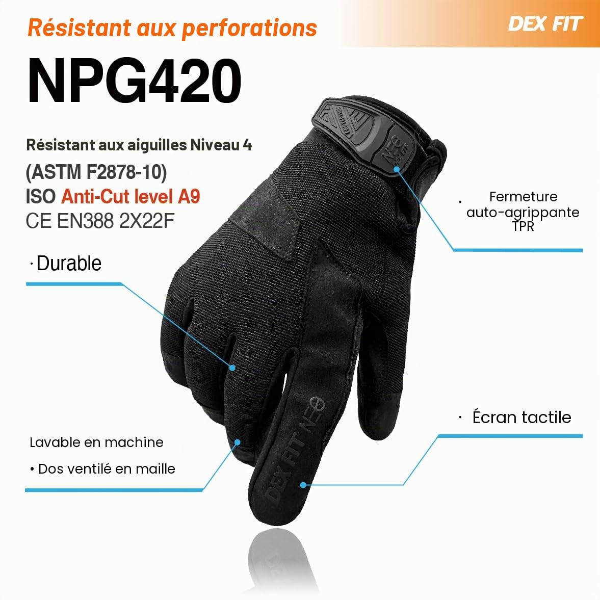 DEX FIT Gants NPG420 résistants aux Perforations, Couches d'acier, Prise Ferme, Patch en Cuir PU, écran Tactile, durables et Confortables, pour Forces de l'ordre, Airsoft; Noir 9 (L) 1 Paire