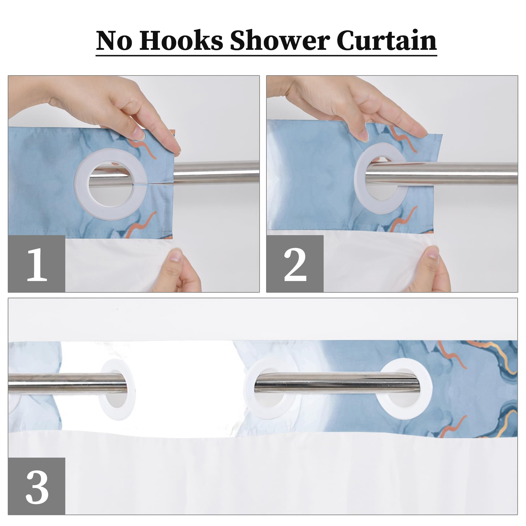 Ttincceer Hook-less Shower Curtain Abstract Blue Marble Shower Curtain with Snap in Liner Abstract Double Layer Modern Bathroom Curtain with See Through Window Waterproof 71x74inch - Image 3