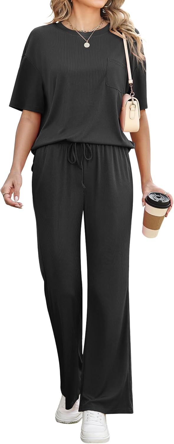 Marvmys Women Two Piece Outfits Sets Short Sleeve Black Women Lounge Set Summer Casual 2026 Airport Clothing Black Medium