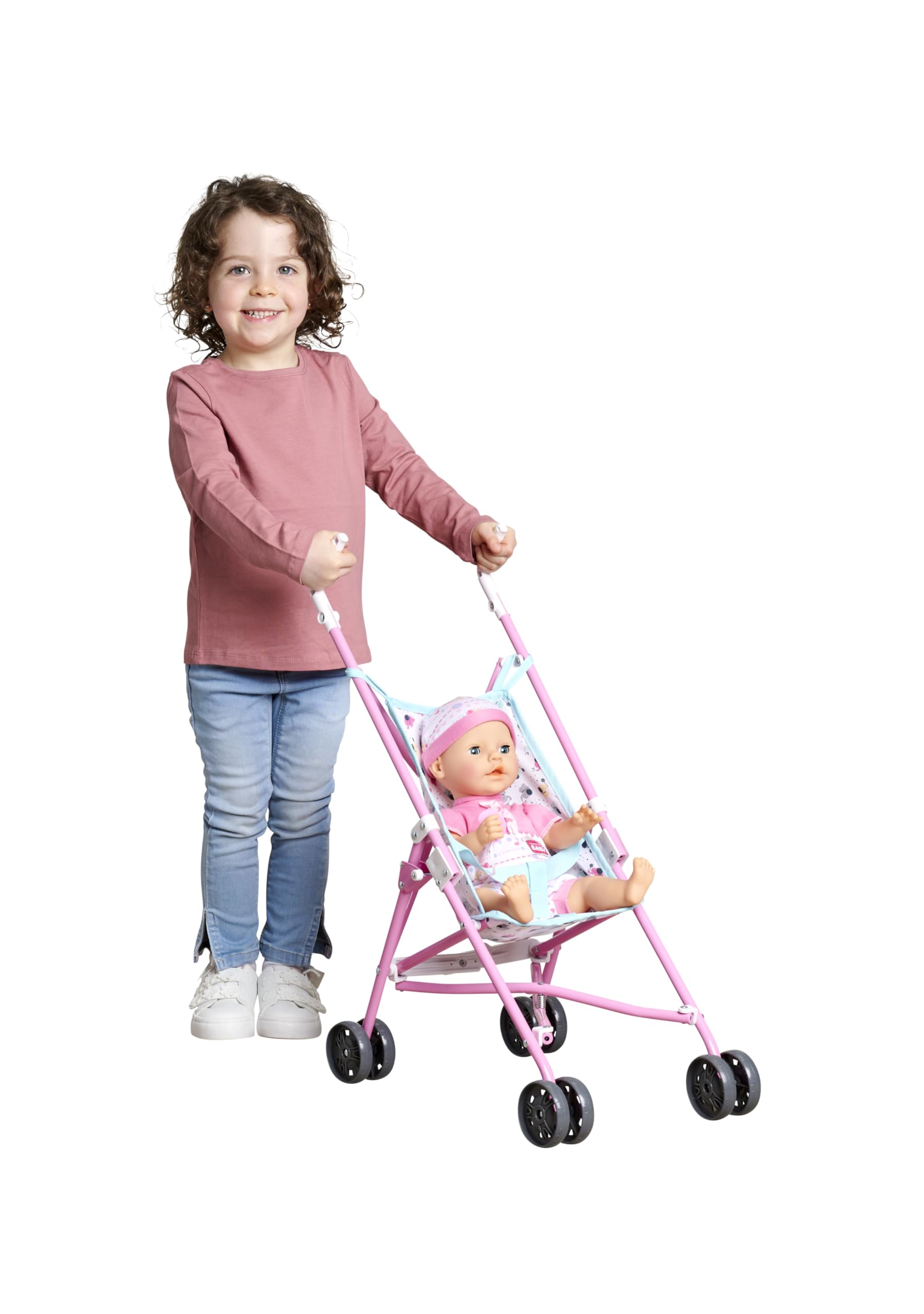 Simba Passeggino per bambole – Passeggino pieghevole per bambini dai 3 anni in su, giocattolo leggero da viaggio, con cintura di sicurezza e design elefante, pieghevole, altezza 55 cm