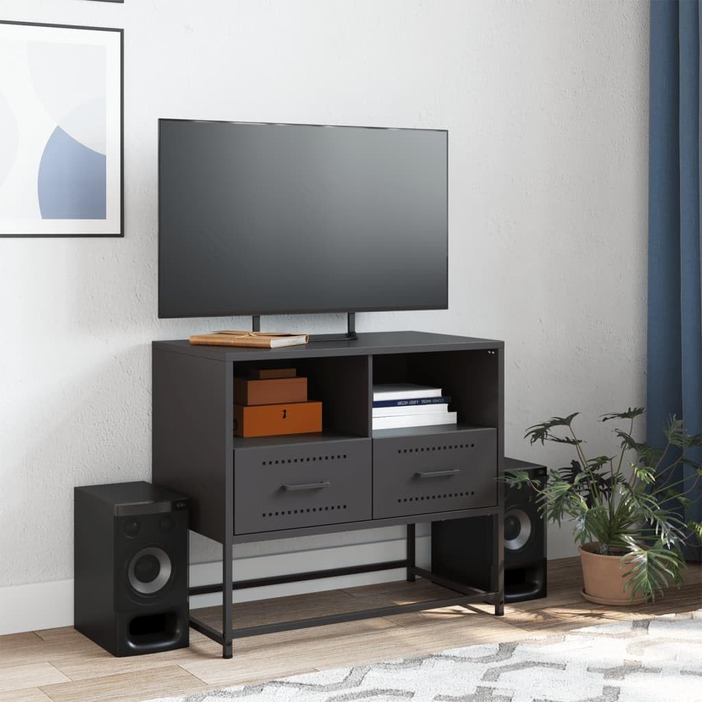 Szafka pod telewizor czarna, ze stali, 68 x 39 x 60,5 cm, z 2 szufladami i 2 przegródkami, zajmuje mało miejsca, do salonu, sypialni, kina domowego, gamingów z miejscem do przechowywania