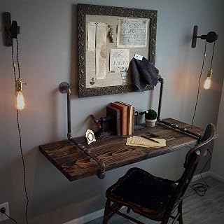VANDNALI Industrial Rustic Wall Mounted Shelf Desk - 31.5" Solid Wood Floating Workstation, Space-Saving Pipe Design for Home Office