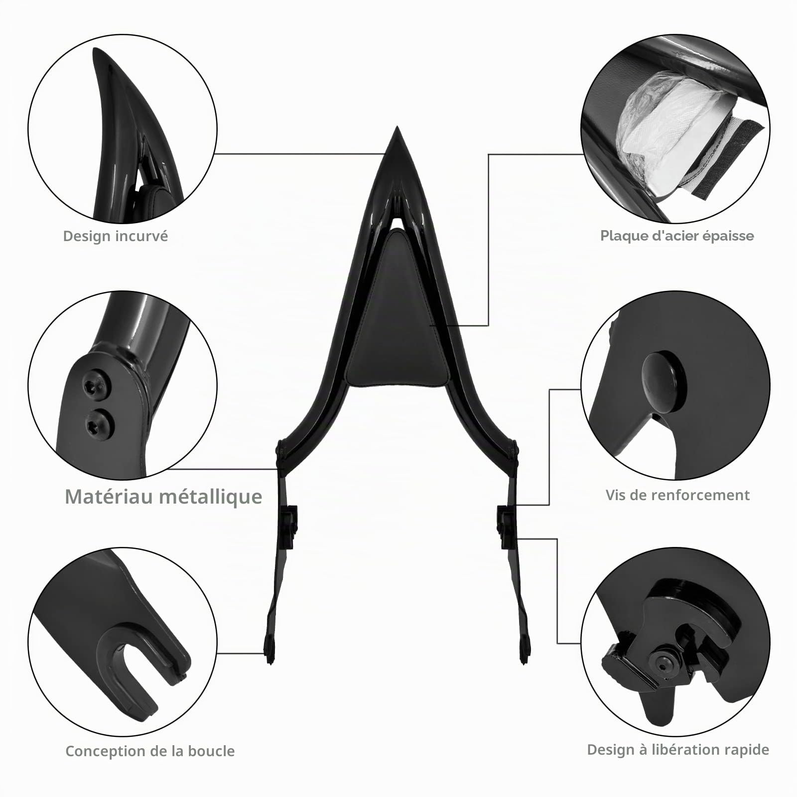 Dossier arrière de moto détachable avec dossier passager pour Harley Touring Road King Street Glide Electra Glide Road Glide FLHR FLHX FLHT FLTR 2009-2023 Noir 40,6 cm