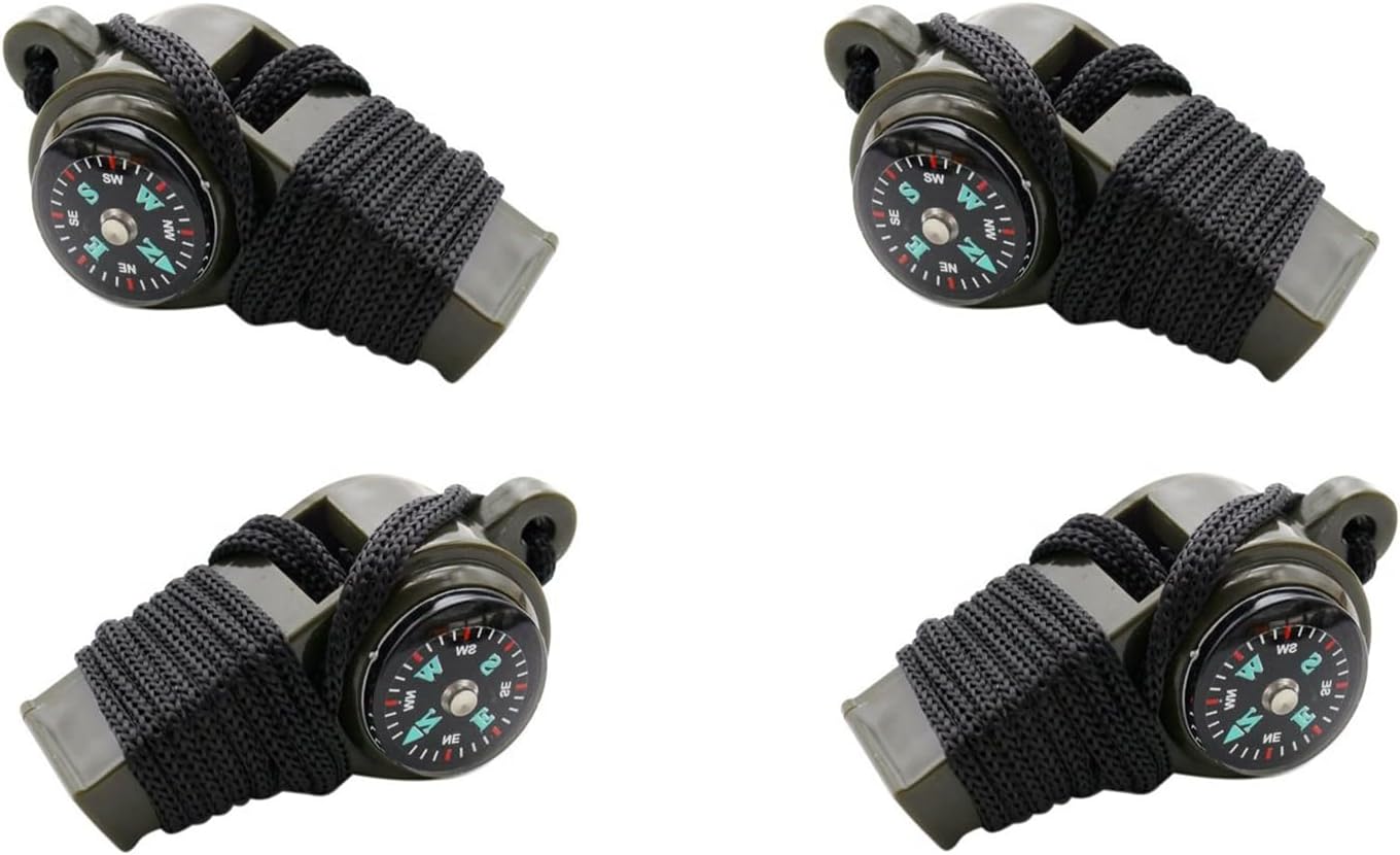 4 Pack Hiking Whistle with Lanyard | Safety Whistle, 3 in 1 Multi-Functional, Compass & Thermometer, Light and Durable