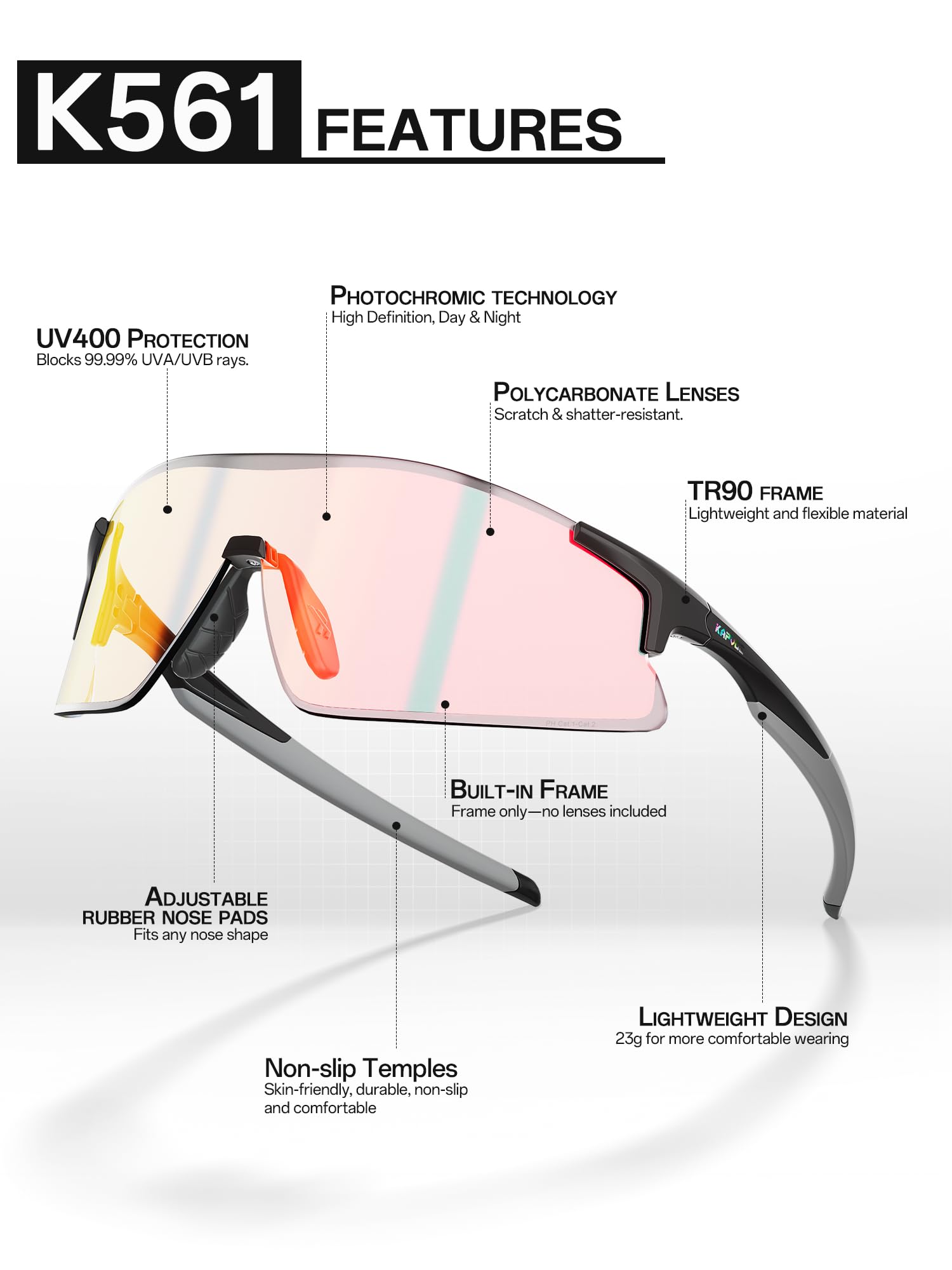 KAPVOE Gafas de Ciclismo Fotocromáticas Claras Deportivas Hombre Mujer K561