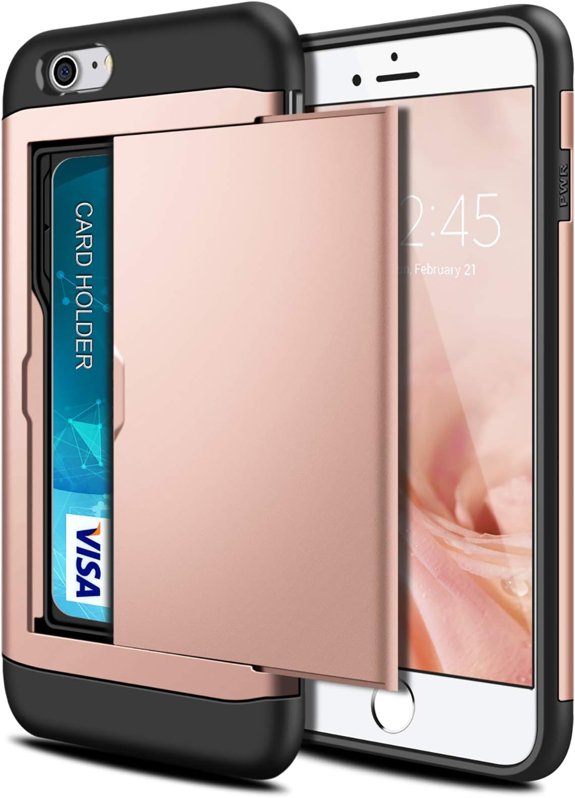 SAMONPOW Wallet Case for iPhone 7 Case with Card Holder Dual Layer Hybrid Shell Heavy Duty Protection Shockproof Anti Scratch Soft Rubber Cover Case for iPhone 7 4.7 inch Rose Gold