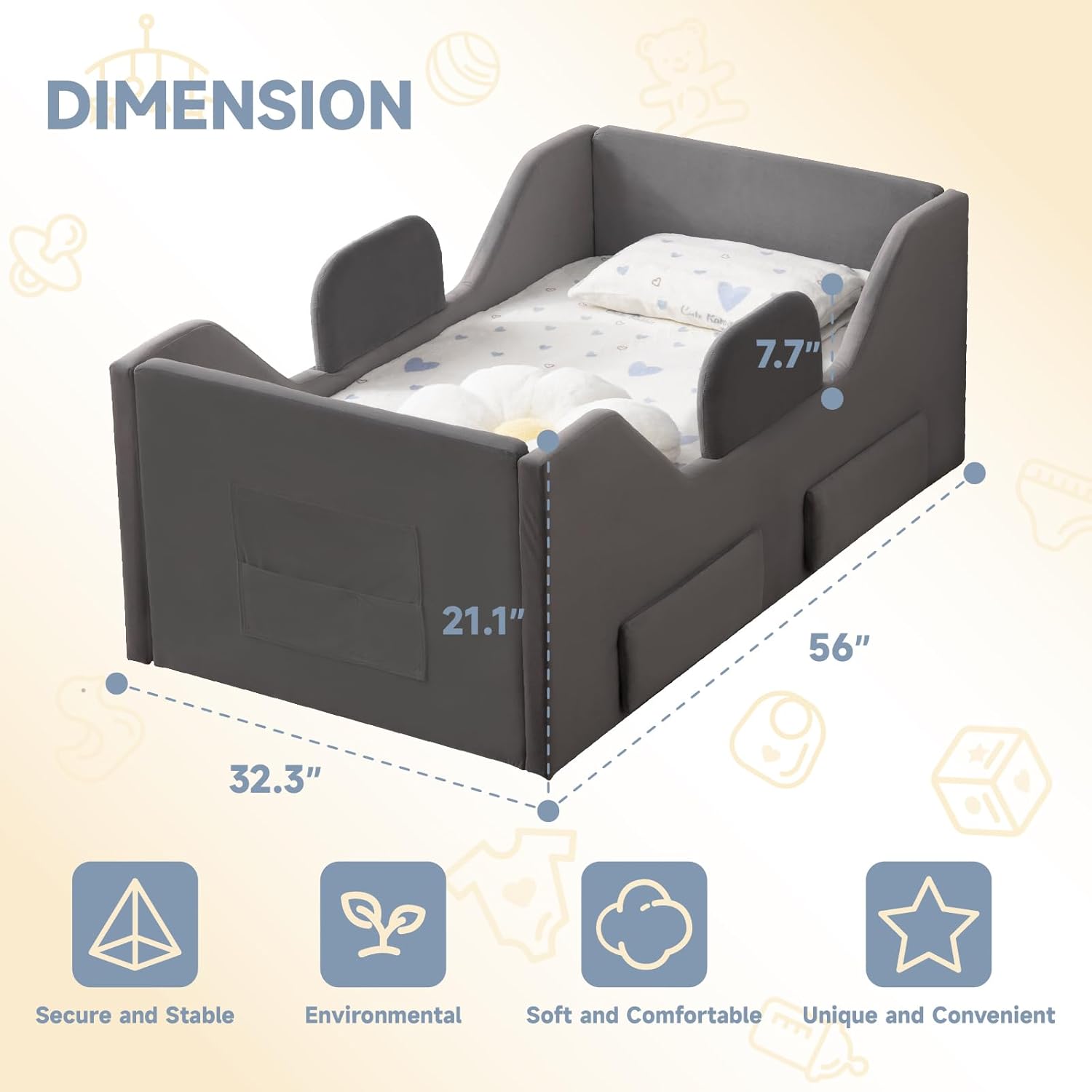 Zumspiel Toddler Bed Frame with 2 Drawer and Storage Bag, Kids Bed with Removable Safety Rails, Standard Crib Size Portable Beds, Safety Upholstered Child Beds for 1-6 Years Old