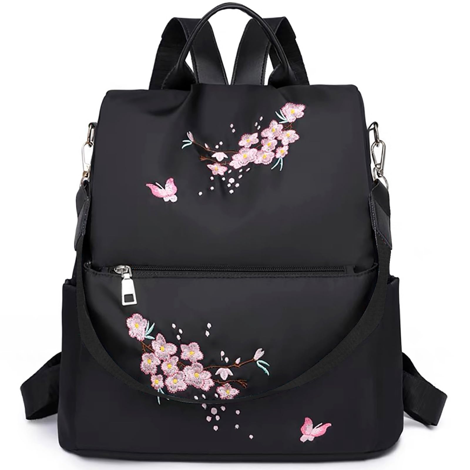 Eshow Sac à Dos Femme Antivol Nylon, Sacs à Main Portés Dos Femme, Petit Sac Bandoulière Fort Backpack Multifonctionnel Casual Léger pour Voyage L'école Travail Université Collège Noir