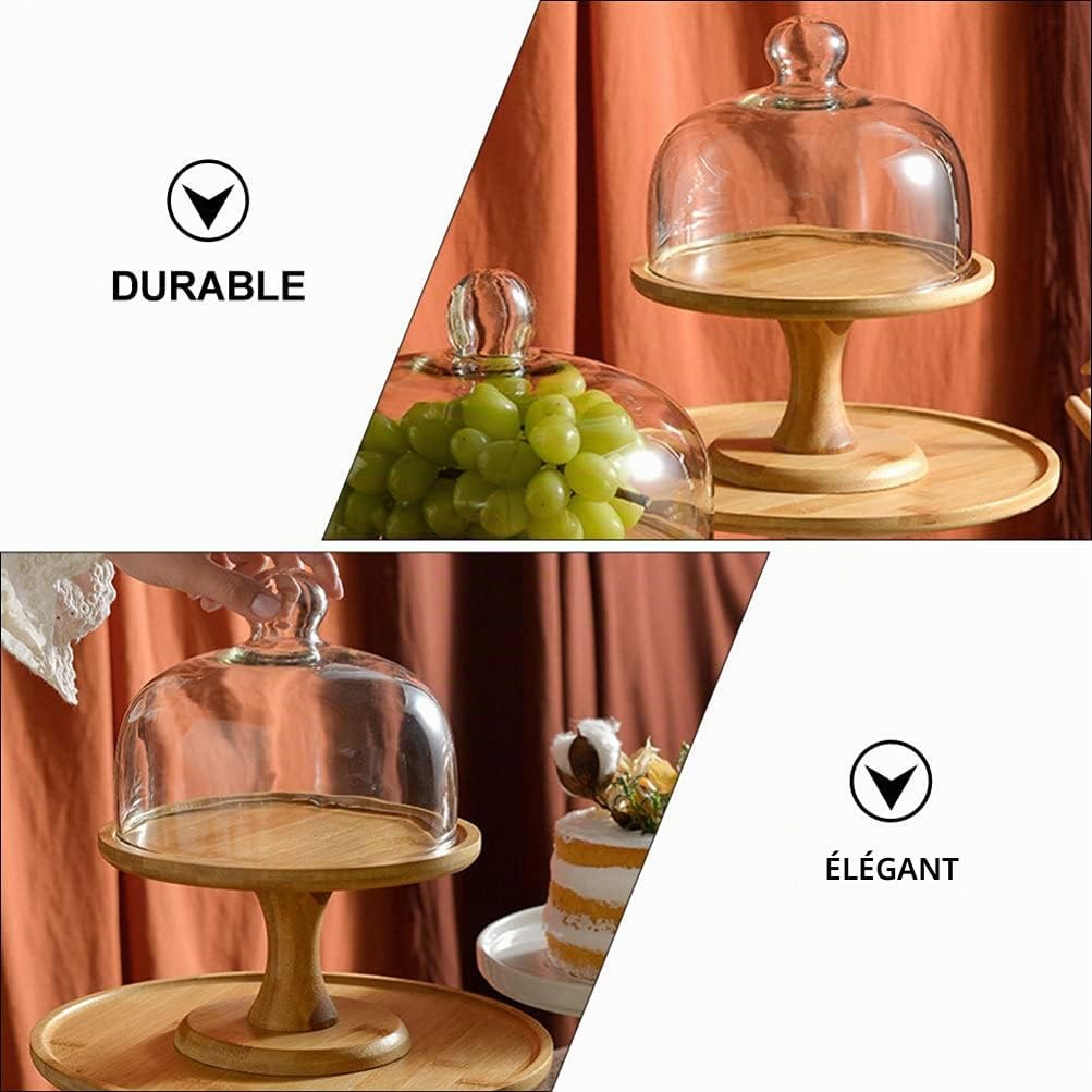 Gâteau Stand avec en Bois Pieds Assiette À Gâteau Serveur avec Cloche De Verre Vitrine Cupcake Dessert Plateau Plateau pour Le Fromage Pâtisseries 255Mm