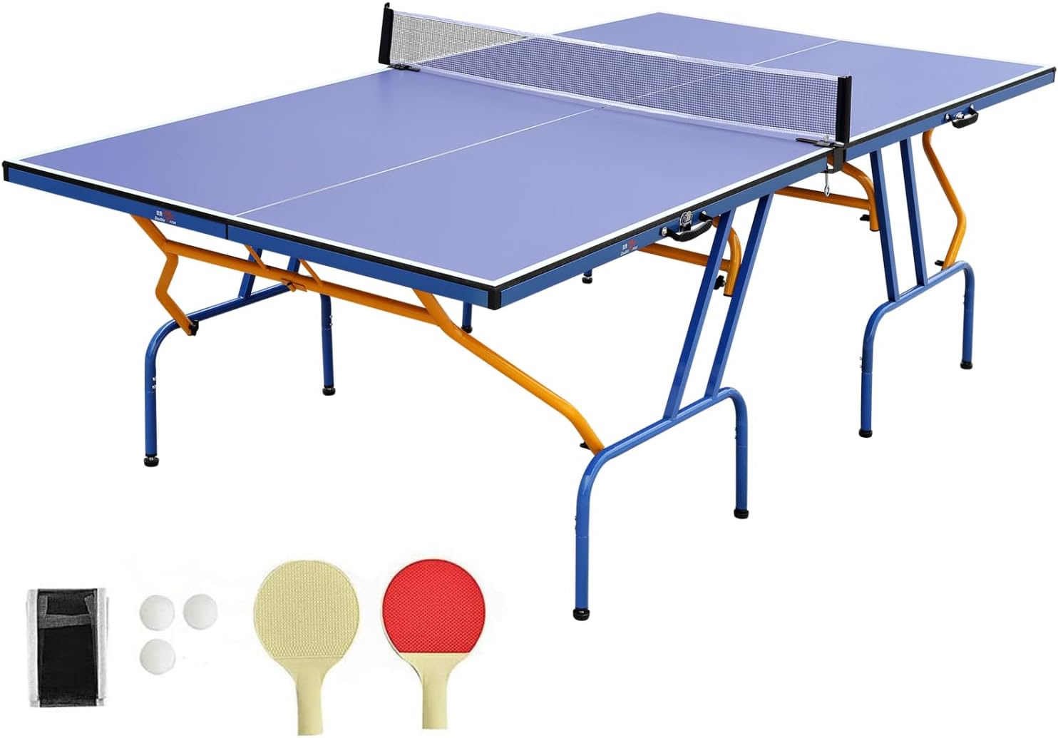 Double Fish Table Tennis Table, 8×4 Ft Foldable & Portable Ping Pong Table Set with 2 Table Tennis Paddles, 3 Balls and Net for Indoor Outdoor Use
