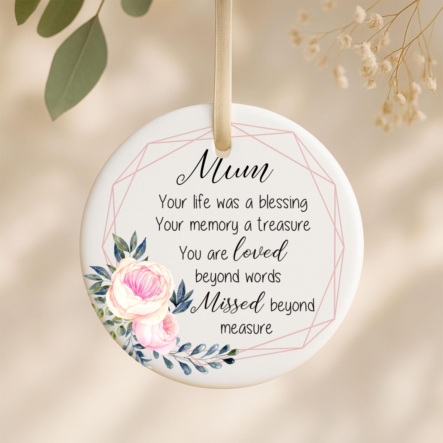 Gutegifts White Personalised Floral Memorial Gift Ceramic Bauble Custom With Any Name Mum Grandma Nanny Bereavement Ornaments Plaque Christmas Tree Decor