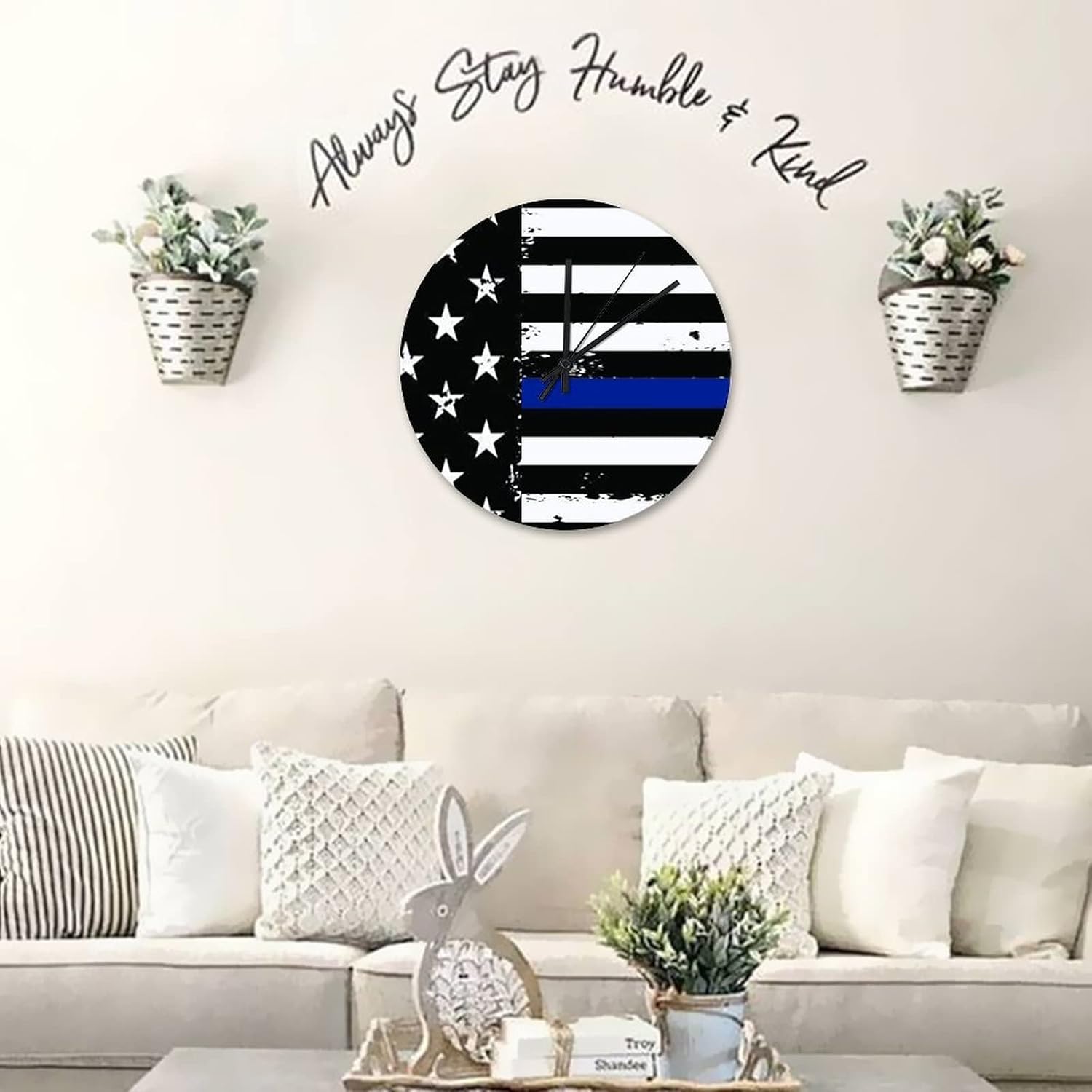 Retro Vintage Thin Blue Line Black American Flag Wall Clocks 15 Inch, Law Enforcement and Police Officers Rustic Wooden Art Hanging Clock Quartz Analog Quiet Round Clock for Farmhouse Home Decoration