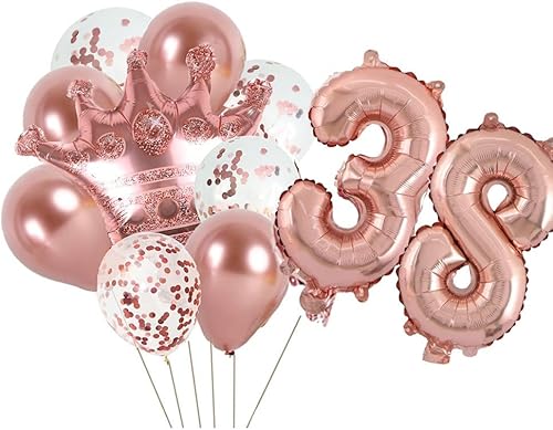KUNGOON Globo de cumpleaños número 38, globo de Mylar de oro rosa con el número 38, divertida corona de cumpleaños 38aniversario de boda, decoración