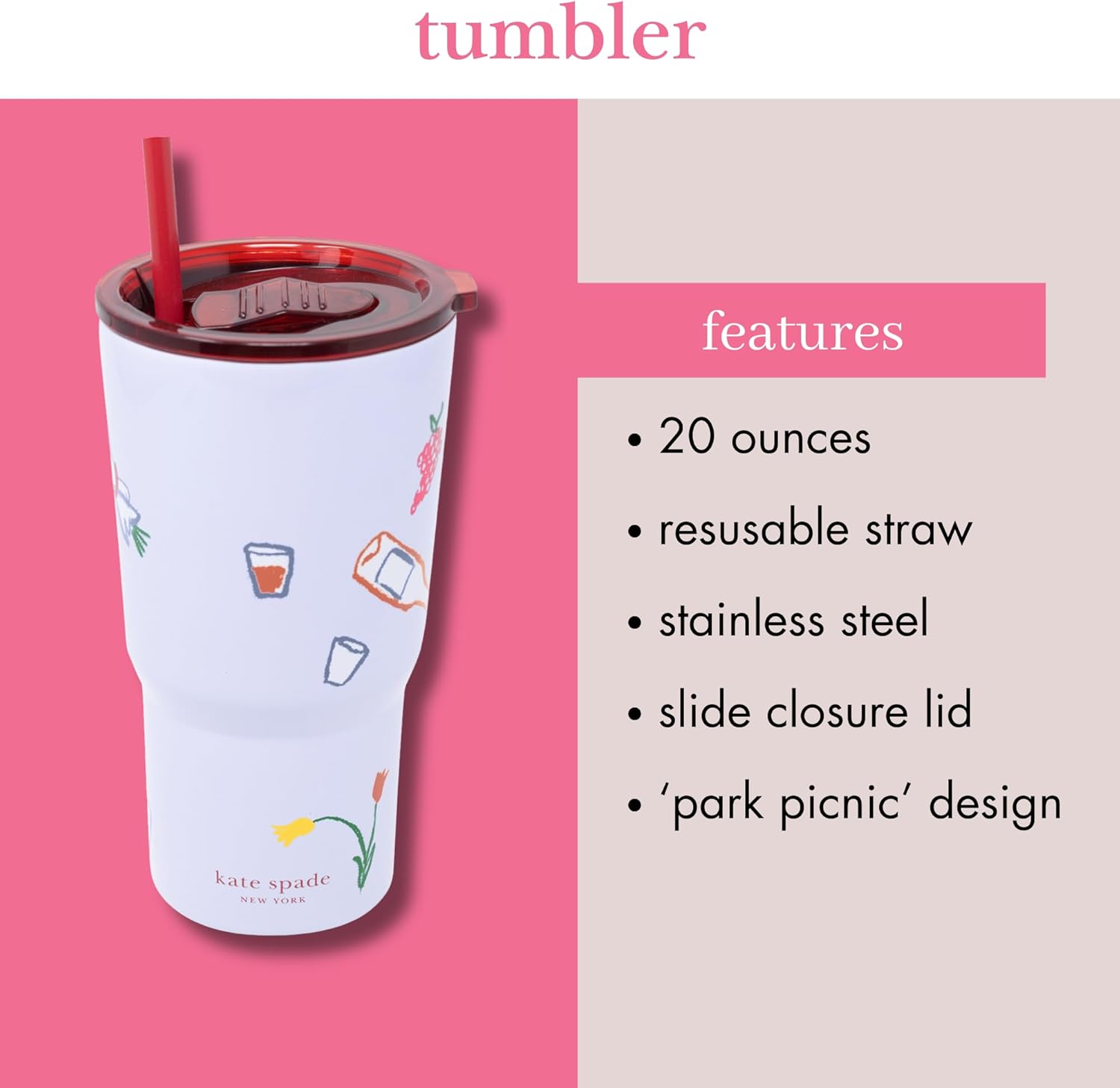 kate spade new york 20 Ounce Insulated Tumbler for Cold and Hot Drinks with Reusable Straw, Stainless Steel Travel Cup with Slide Top Lid (Park Picnic) - Image 8