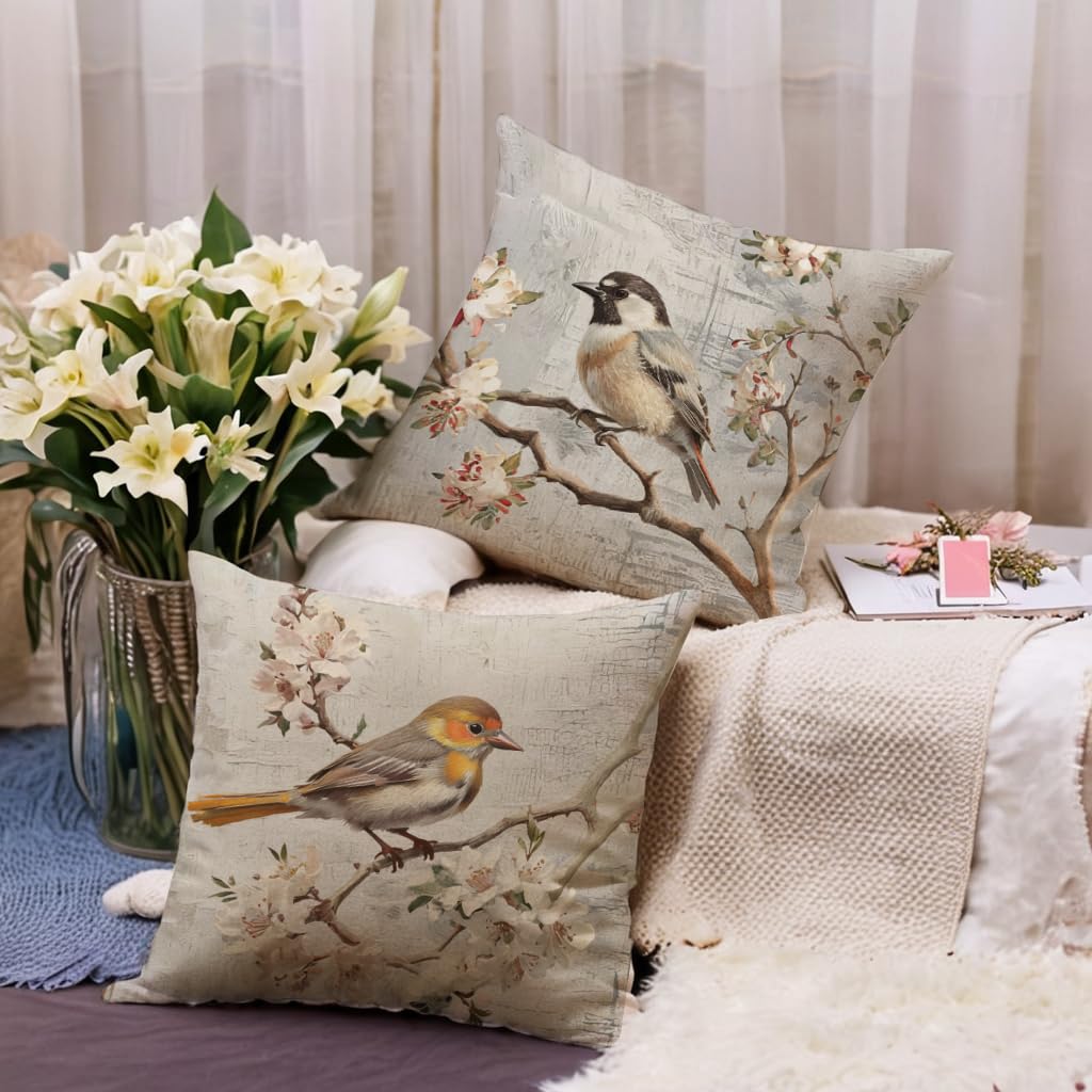 7COLORROOM Set of 2 Watercolor Birds Pillow Covers Spring Flower & Hummingbird Cushion Covers White and Grey Painting Birds Home Decorative Pillowcases 18x18 inch for Patio Furniture Bed (White/Grey) 3