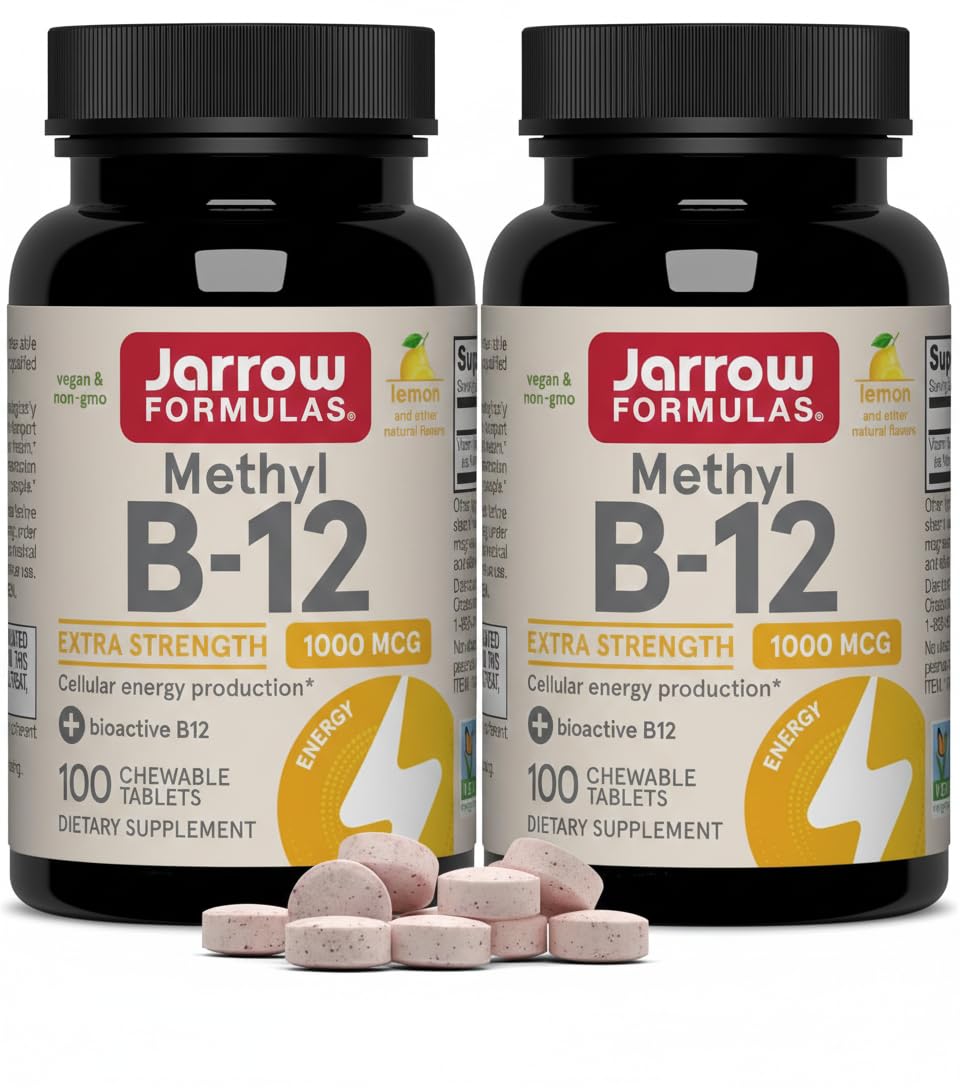 Jarrow Formulas Methyl Vitamin B-12 1000 mcg, 100 Chewable Tablets, Lemon Flavored- Vitamin B12 - Supports Cellular Energy Production, Brain Health & Metabolism - 100 Servings (Pack of 2) 100 Count (Pack of 2)
