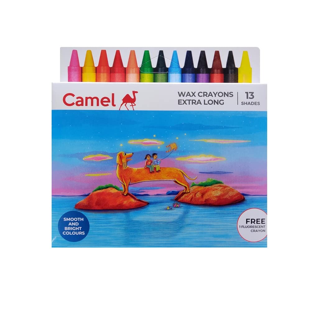 Camel Wax Crayons Extra Long 13 Shades + 1 Fluorescent Crayon (Pack of