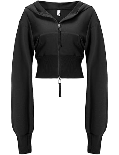 Flygo Women's Cropped Zip Up Hoodie Long Sleeve Drop Shoulder