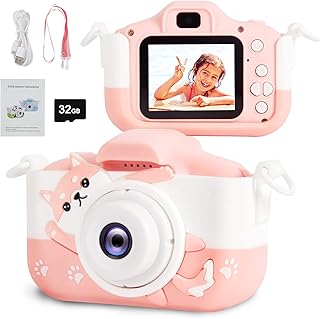 OMOTIYA Kids Camera, 1080P HD Digital Video Camcorder Camera/Upgrade Selfie Camera with Dog Soft Silicone Cover, for Boys/Girls Age 3-12, Birthday Gifts with 32GB TF Card
