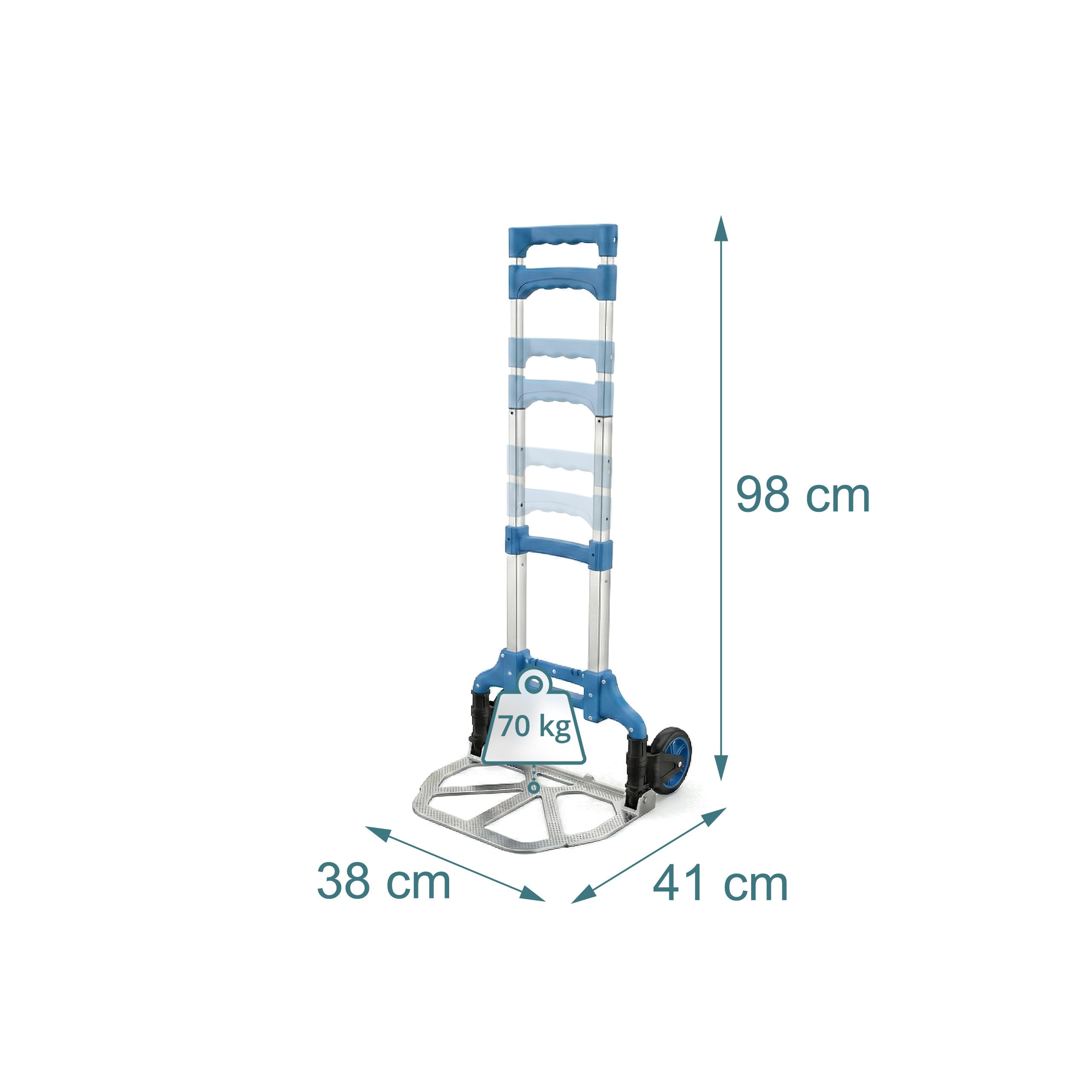Relaxdays Carretilla Plegable hasta 70 kg, 98x38x41 cm, Transporte/mudanzas, Mango telescópico Acero, Plata/Azul