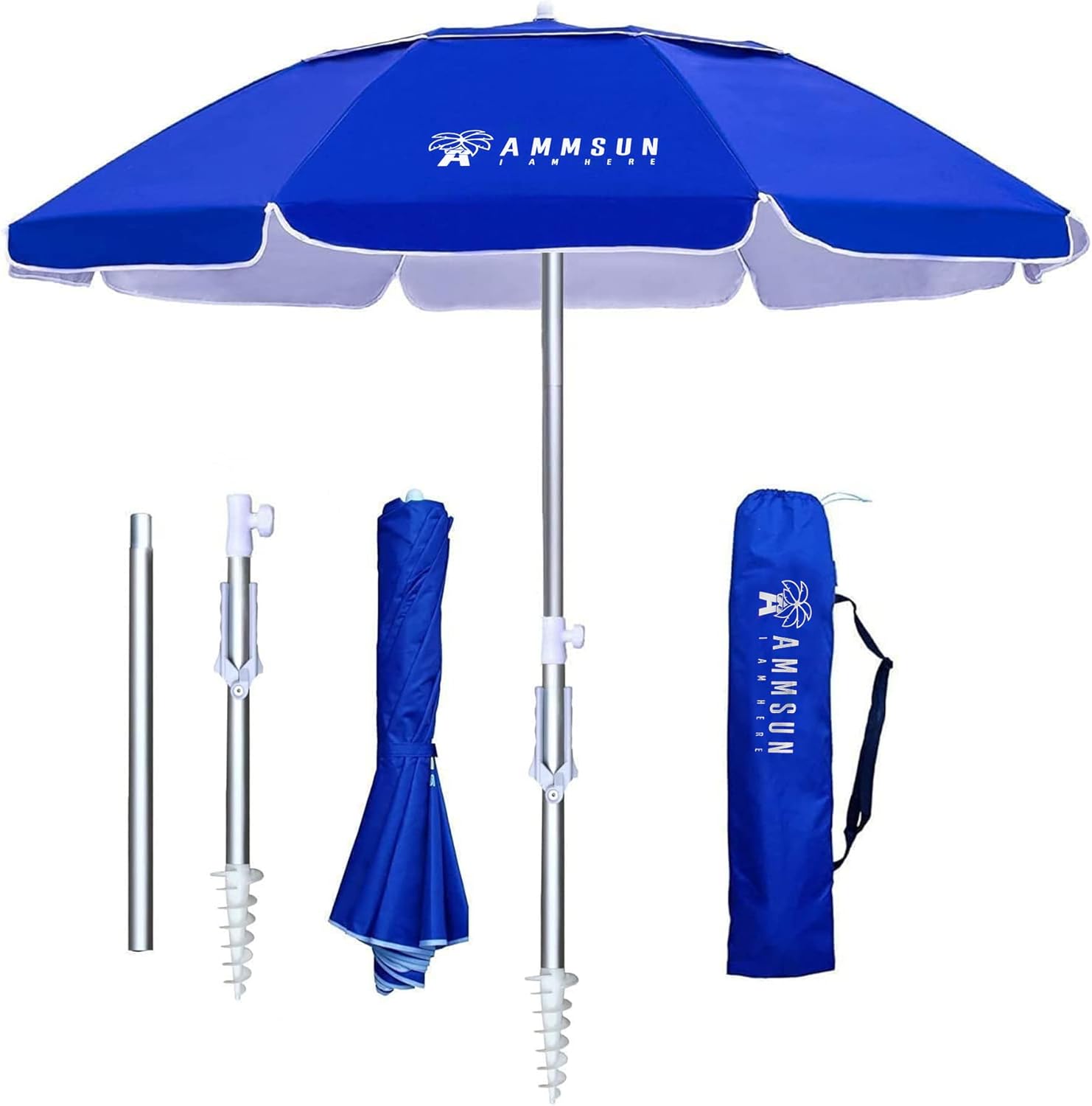 AMMSUN 6.5ft twice folded Portable beach umbrella with sand anchor windproof