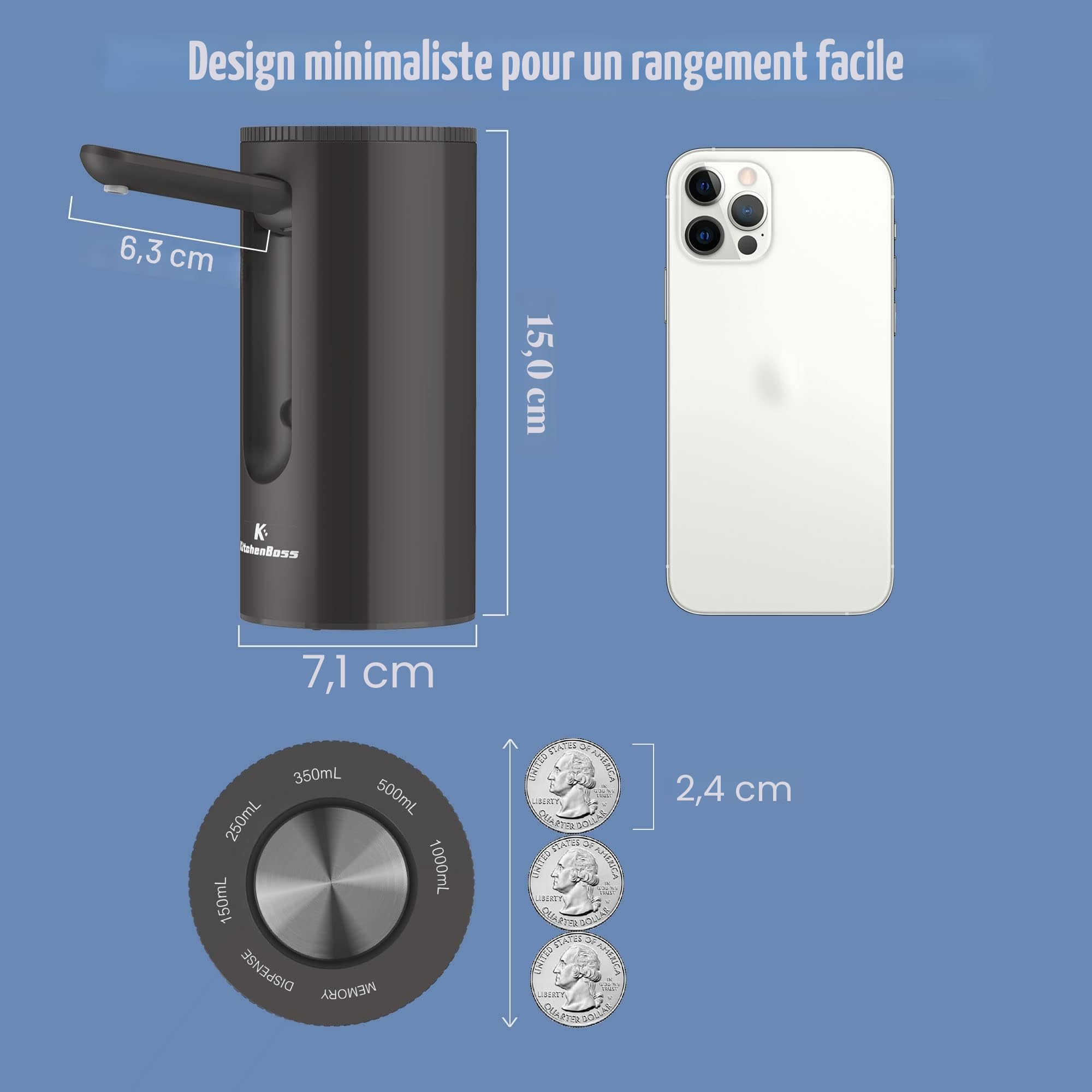 KitchenBoss Pompe Distributeur d'Eau Électrique USB Type-C pour Bouteilles 3.8-18.9 L Noir