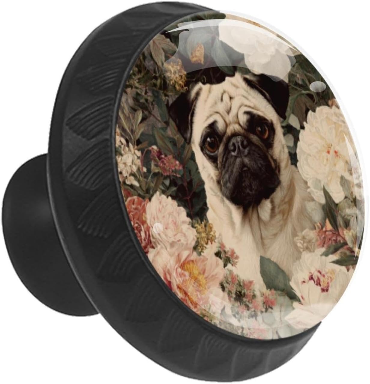 Black Base Pug and Florals Cabinet Pulls, Decorative Drawer Knobs for Wardrobe Dresser, Premium Glass Hardware with Screws