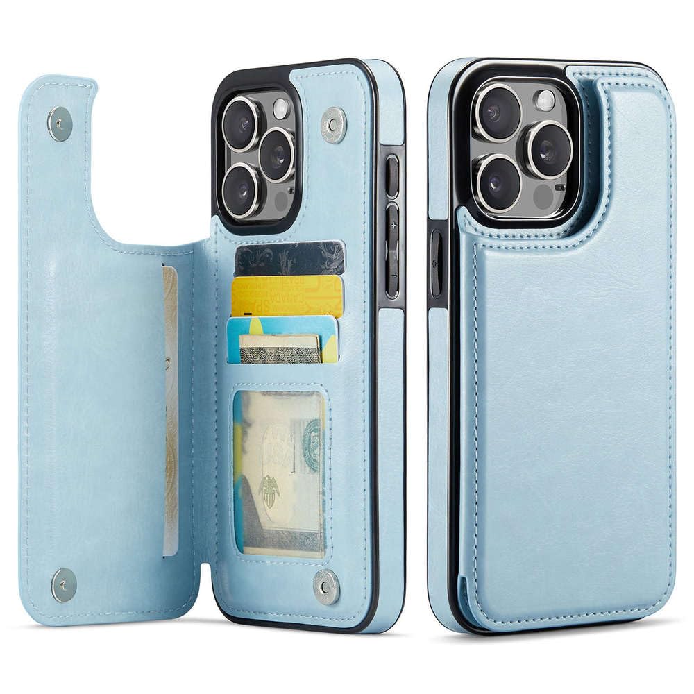 Funda tipo cartera para iPhone 15, 14 Plus, 13, 12 y 11 Pro Max con tarjetero, de piel sintética, con función atril y ranuras para tarjetas, doble cierre magnético, color azul claro, para iPhone 15