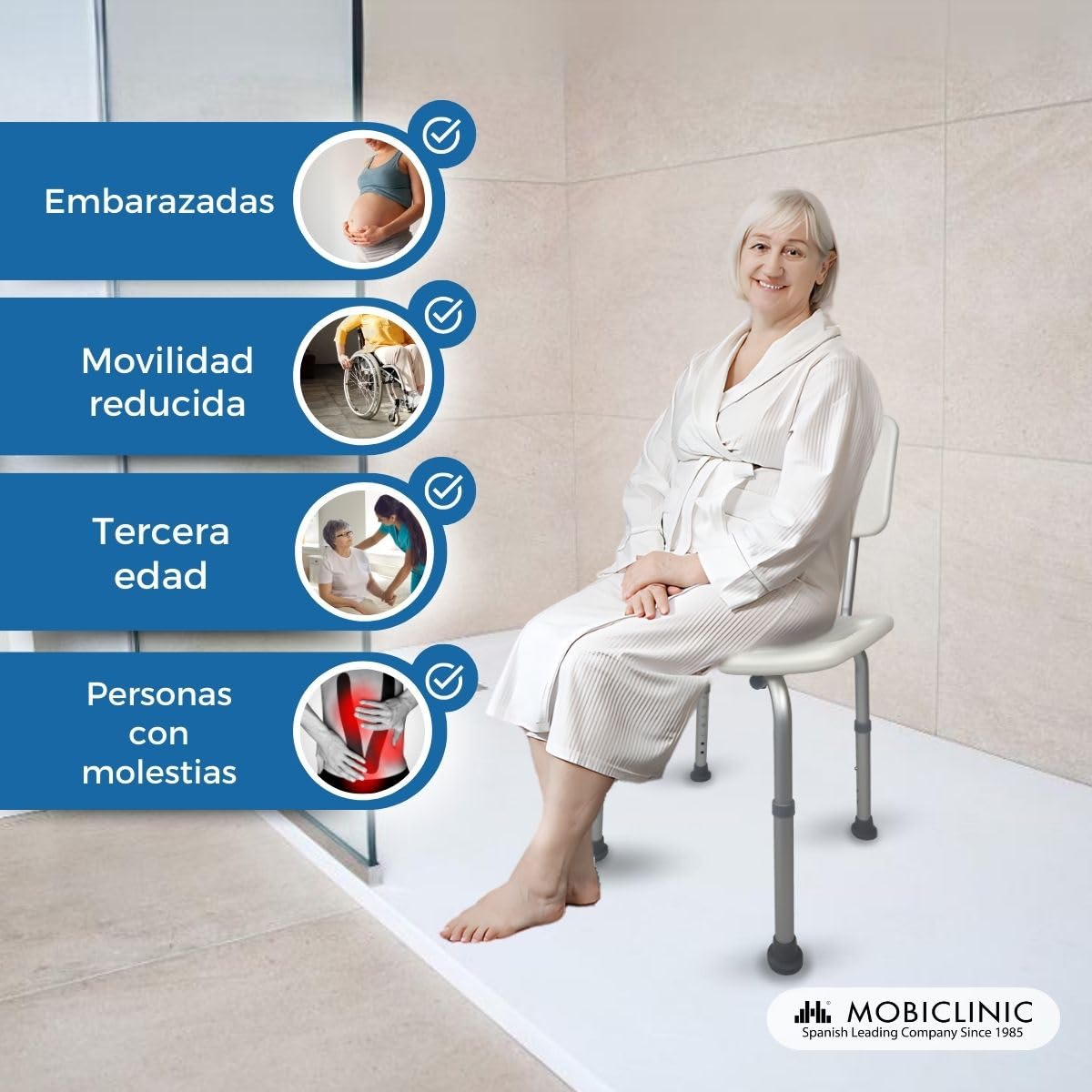 Mobiclinic®, Silla de Ducha con Respaldo, Regulable en Altura, Conteras Antideslizantes, para Personas Mayores, Asiento en U, Agarre Lateral, hasta 100 kg, Agujeros de Drenaje, Aluminio, Olivo