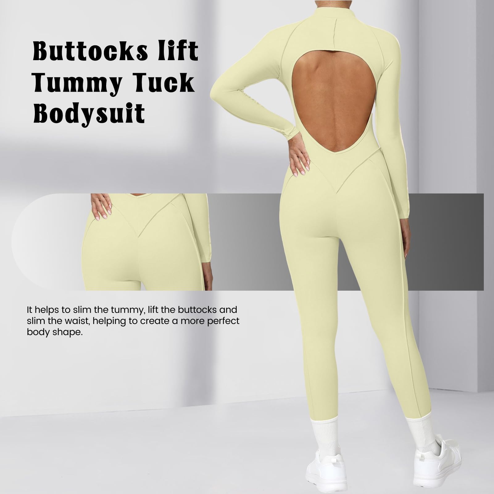 Damski kombinezon do jogi z zamkiem błyskawicznym, z długim rękawem, rozciągliwe body obcisłe, bodysuit, kontrola brzucha siłownia, odzież sportowa do fitnessu miękka w dotyku