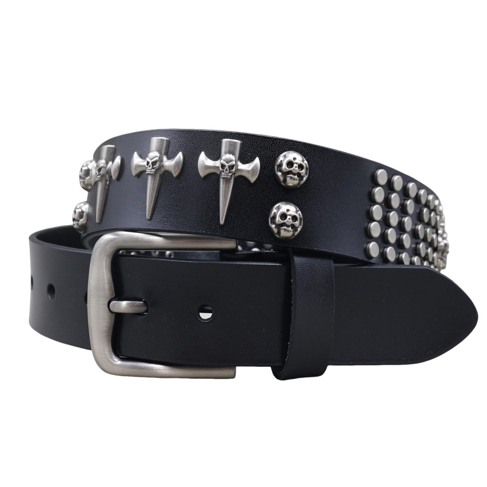 AGUTALITHIC Studded Belt Metal Punk Rock Rivet in Circular Arrangement Cross Stud and Skull Genuine Black Leather Waist Strap(105cm/41, Black)