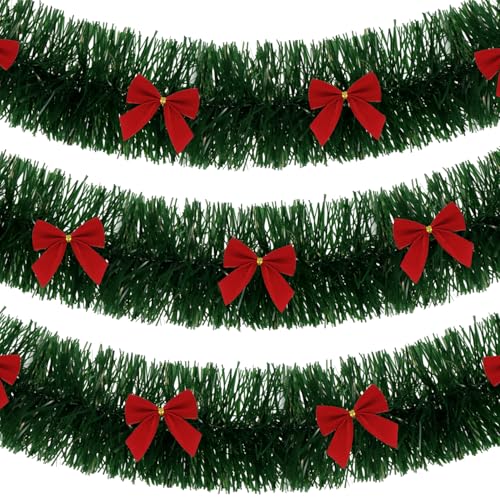 Kunjocy Guirnalda de oropel de Navidad de 32.8 pies con 12 lazos, guirnalda gruesa y fina para decoración de árbol de Navidad, guirnalda de papel de aluminio metálico, decoración de corona para el