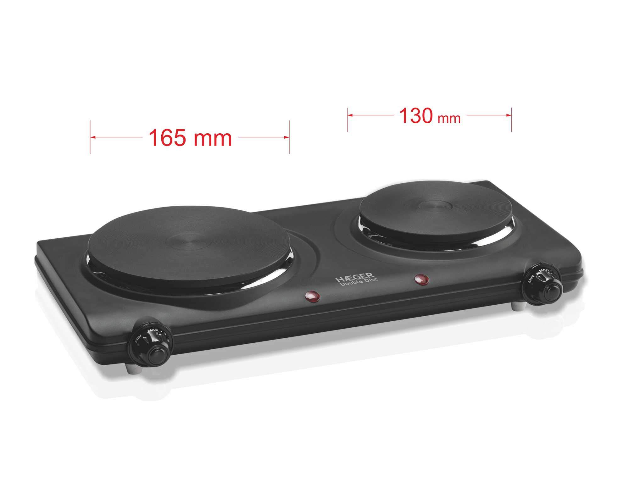HAEGER DOUBLE DISC - Placa Eléctrica con 2250W de potencia, 165mm y 130mm de diámetro, sistema de seguridad con fusible termal, temperatura de la calefacción ajustable con 5 niveles