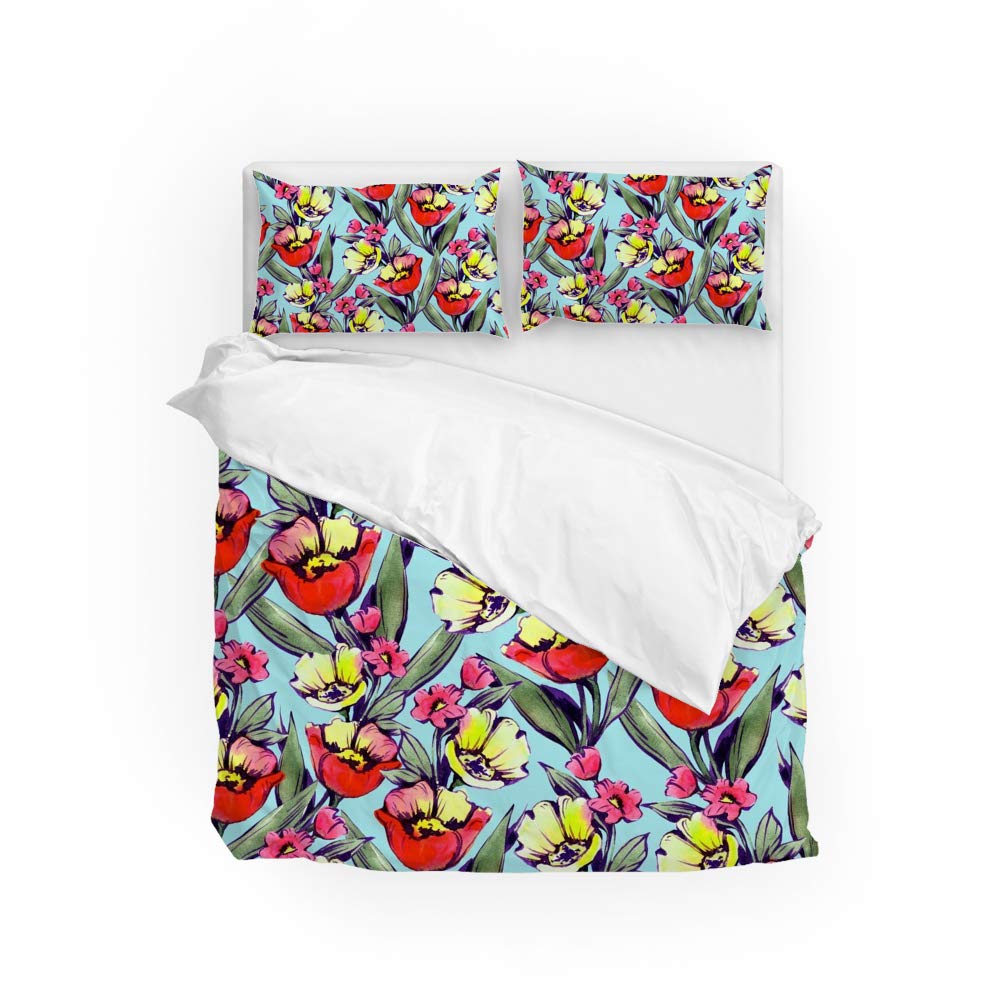 Parure de lit King Size 3 pièces en polyester doux et imprimé fleurs aquarelle pour chambre