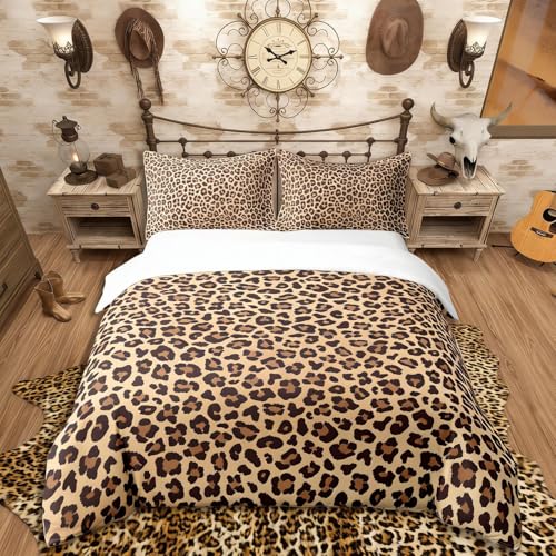 Homemissing Léopard 100% Coton Housse de Couette 220x240cm Enfants guépard Literie Set Safari Animaux Parure de lit Coton Housse de Couette Marron Noir Set literie