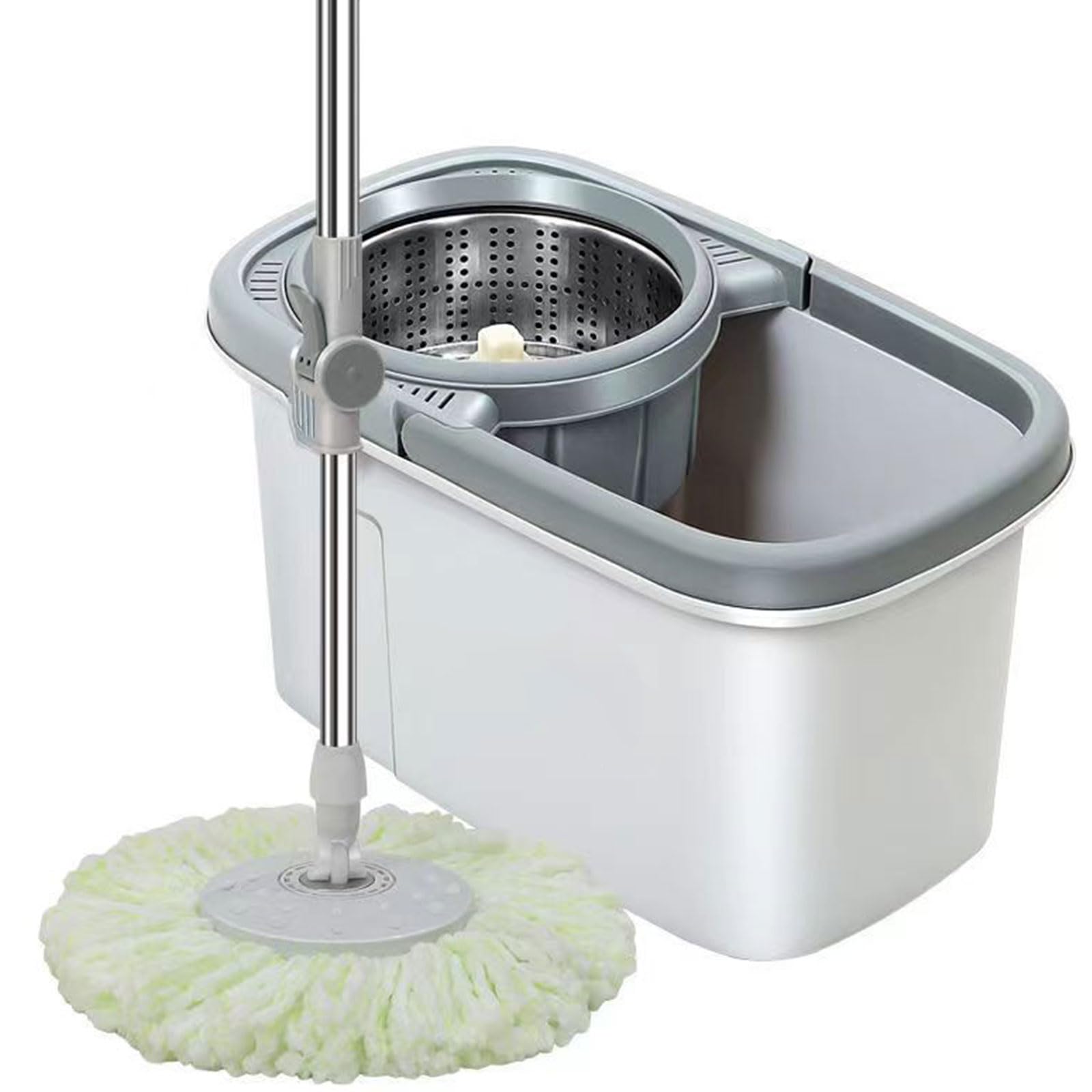 Juego de fregona giratoria y Cubo con escurridor, Cabezal de fregona Giratorio de 360° con 5 recambios de fregona de Microfibra y Mango de Acero Inoxidable,Gris
