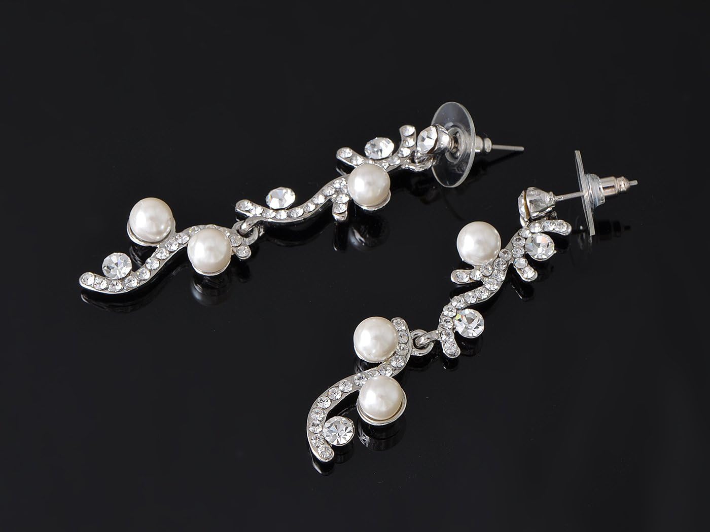 Alilang Silver Tone S-shape Faux Pearl Bead Clear Crystal Rhinestone Necklace Bracelet Earrings Jewelry Set