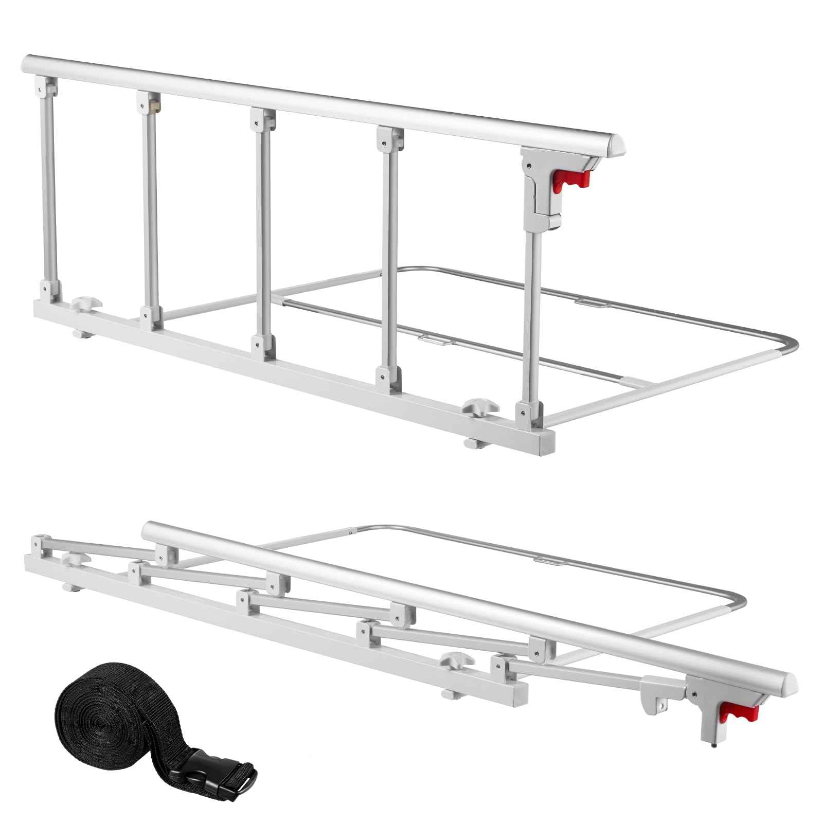 VEVOR Barandilla de Cama Plegable Personas Mayores, 122 cm, con Correa de Sujeción, Protección Anticaídas, Asa de Protección a Las Manos y Protector de Bordes, a Camas King, Queen, Matrimoniales