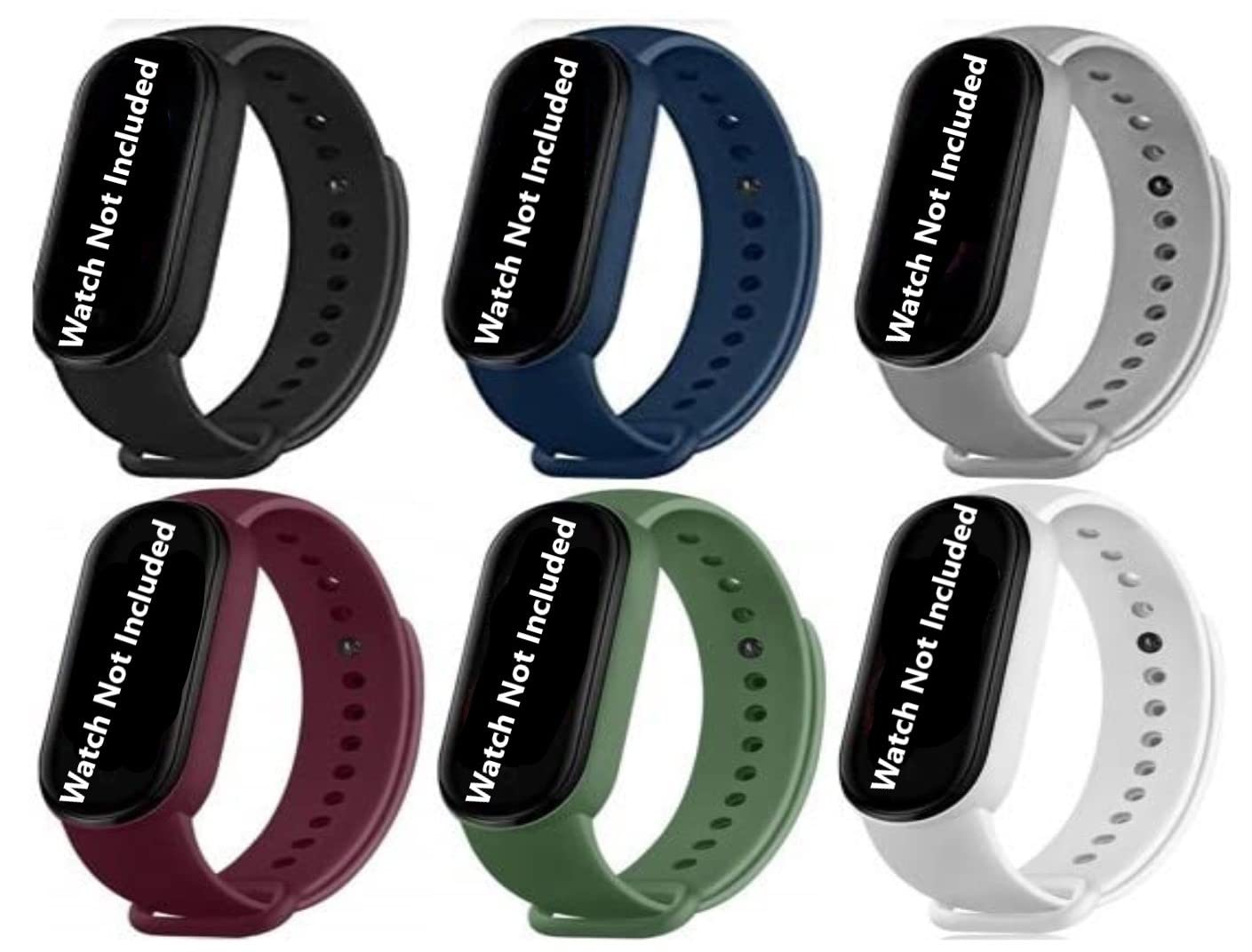 Qai Soft Silicone Replacement Combo Pack of 6 Band Strap Compatible with Xiaomi Mi Band 5 / Mi Band 6 (Watch/Device NOT Included) (Black/Navy Blue/Grey/Light Green/Whine/White)