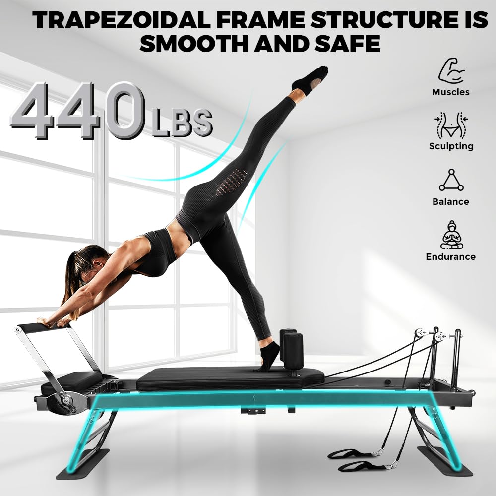Pilates Reformer, faltbares Pilates-Gerät und Zubehör für das Training im Heim-Fitnessstudio, geeignet für Fortgeschrittene und Anfänger, max. 200 kg, schwarz