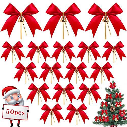 50 Pièces Arc de Noël,Ruban Rouge Noeud avec Cloche,Rubans de décoration d'arbre de Noël,pour Décorer Arbres de Noël,Fêtes et Mariages,Cadeau Décoration Cover