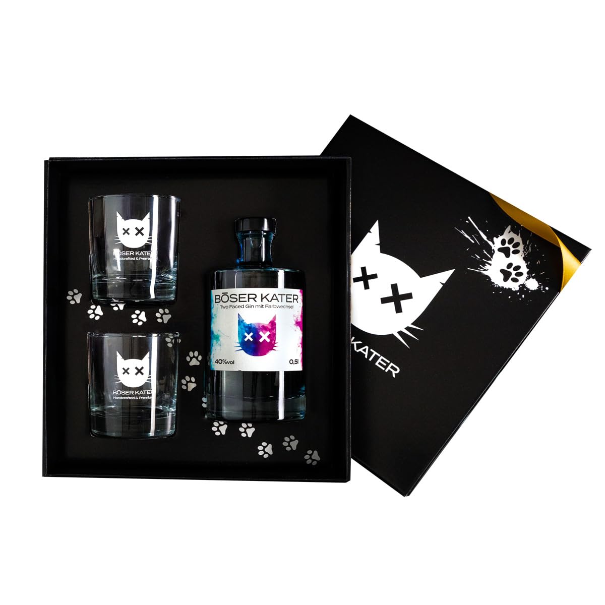 BÖSER KATER Magic Two Faced Gin mit Farbwechsel-Effekt von Blau zu Violett durch Tonic Water | Geschenkset mit 2 Gläsern | das perfekte Geschenk in hochwertiger Box | 0,5l 40% Vol.
