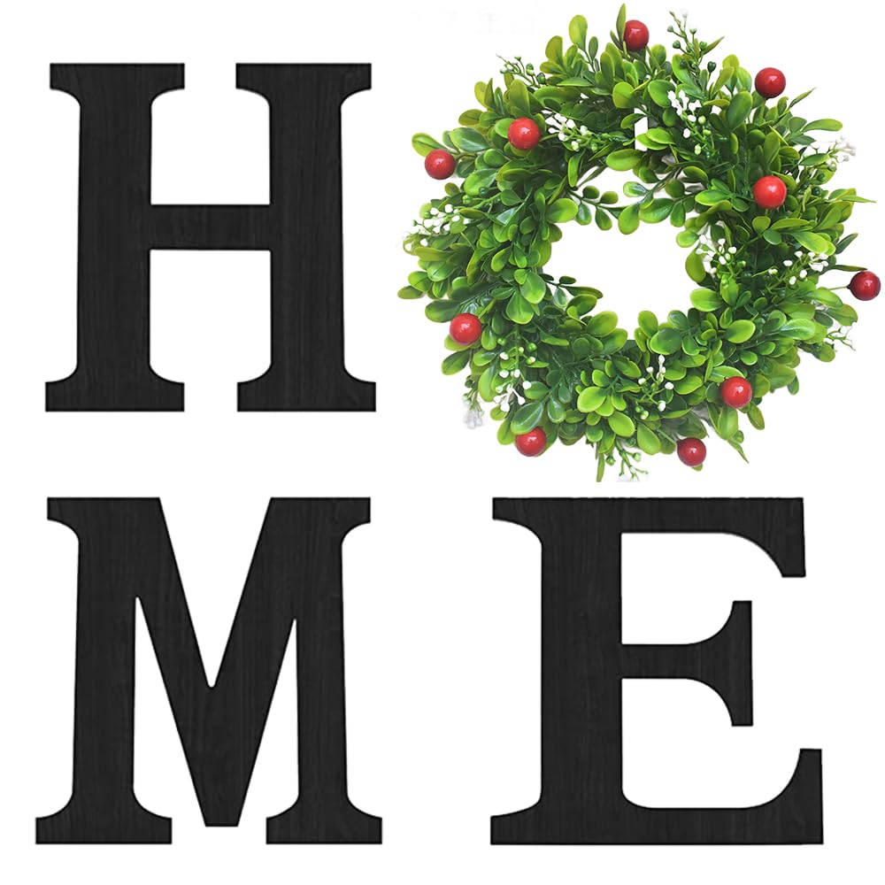 Wooden Home Sign with Artificial Boxwood Wreath for O, Hanging Farmhouse Wall House Decor Wood Letters for Wall Art Rustic Home Decor, Wall Decor for Living Room Kitchen Entryway