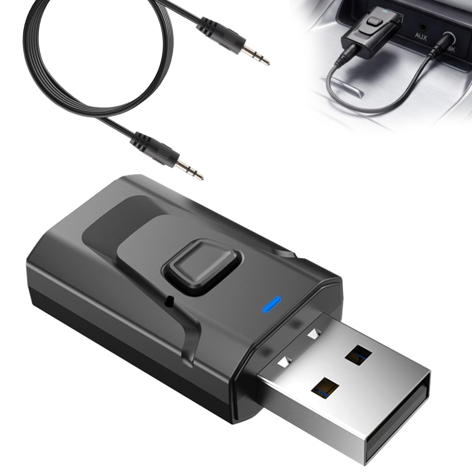 Adaptador Bluetooth USB 5.0 Transmisor y Receptor 2 en 1 con Jack 3,5 mm, Audio Estéreo Inalámbrico para TV, PC, Coche, Altavoces y Auriculares, Manos Libres, Plug & Play Sin Retraso