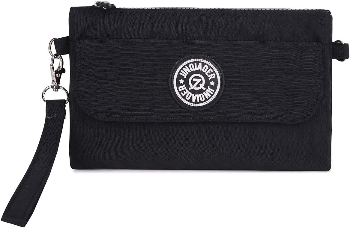 Dual Layers Zipper Purse Waterproof Nylon Wristlet Bag Clutch Handbag Cell Phone Pouch With Shoulder Strap (Big-Black), S