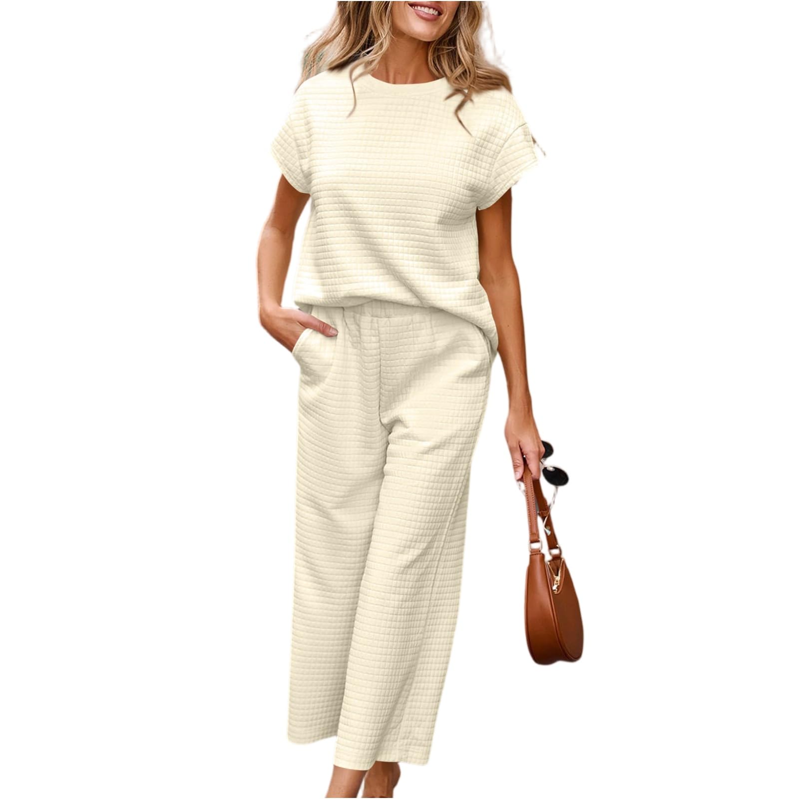 2 Piezas Mujer Fiesta Básico Invierno Tops Y Pantalones Cintura Alta Manga Corta Cuello Redondo Comodidad